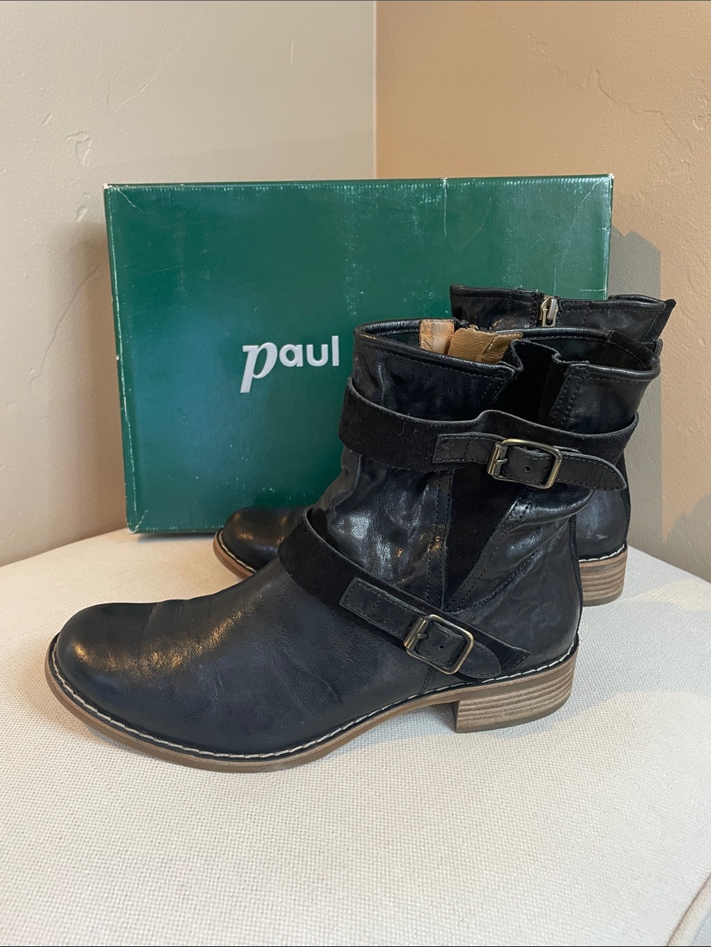 Paul Green Women’s Ally Moto Black Leather Buckle Ankle Boots, Size US 8